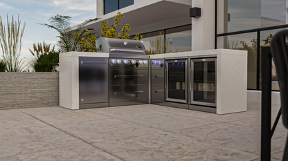 Mont Alpi 4-burner Deluxe Island with a 90-degree corner, Beverage Center, and Fridge Cabinet MAi400-DBEV90FC - 81''-88''