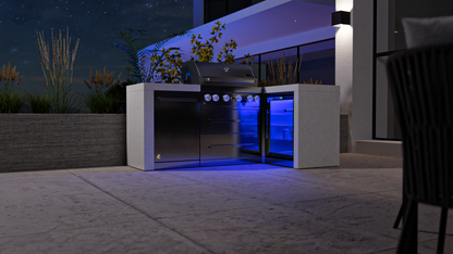 Mont Alpi 4-burner Deluxe Island with a 90-degree corner and a fridge cabinet MAi400-D90FC