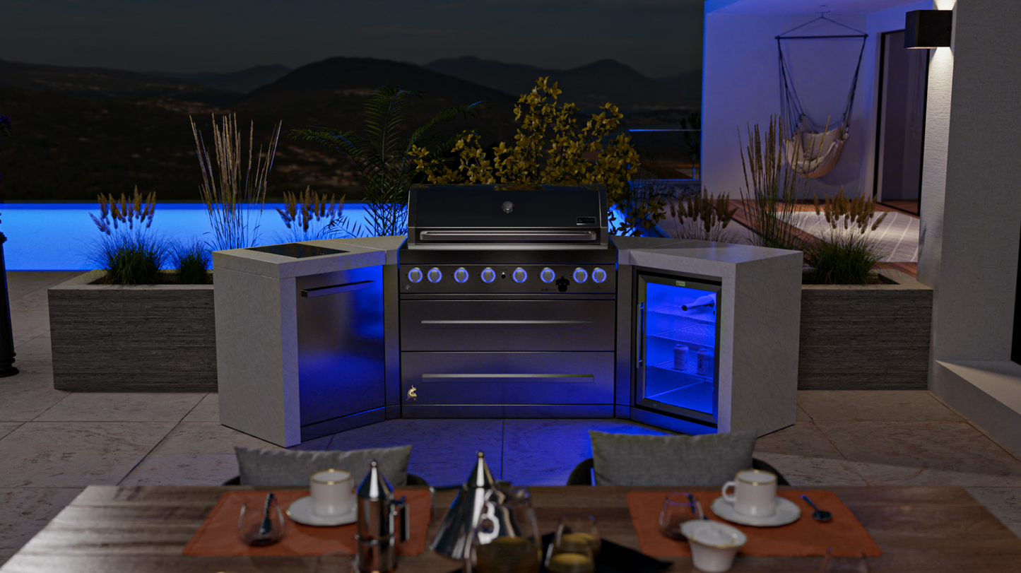 Mont Alpi 6-burner Deluxe Island with 45-Degree Corners and a Fridge Cabinet MAi805-D45FC 110''