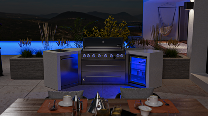 Mont Alpi 6-burner Deluxe Island with 45-Degree Corners and a Fridge Cabinet MAi805-D45FC 110''