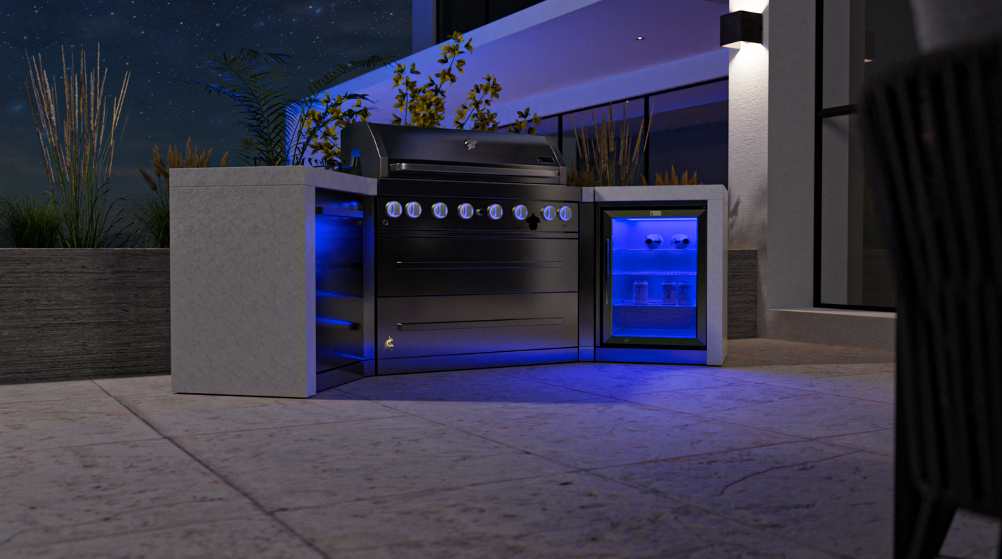 Mont Alpi 6-burner Deluxe Island with 45-Degree Corners and a Fridge Cabinet MAi805-D45FC 110''