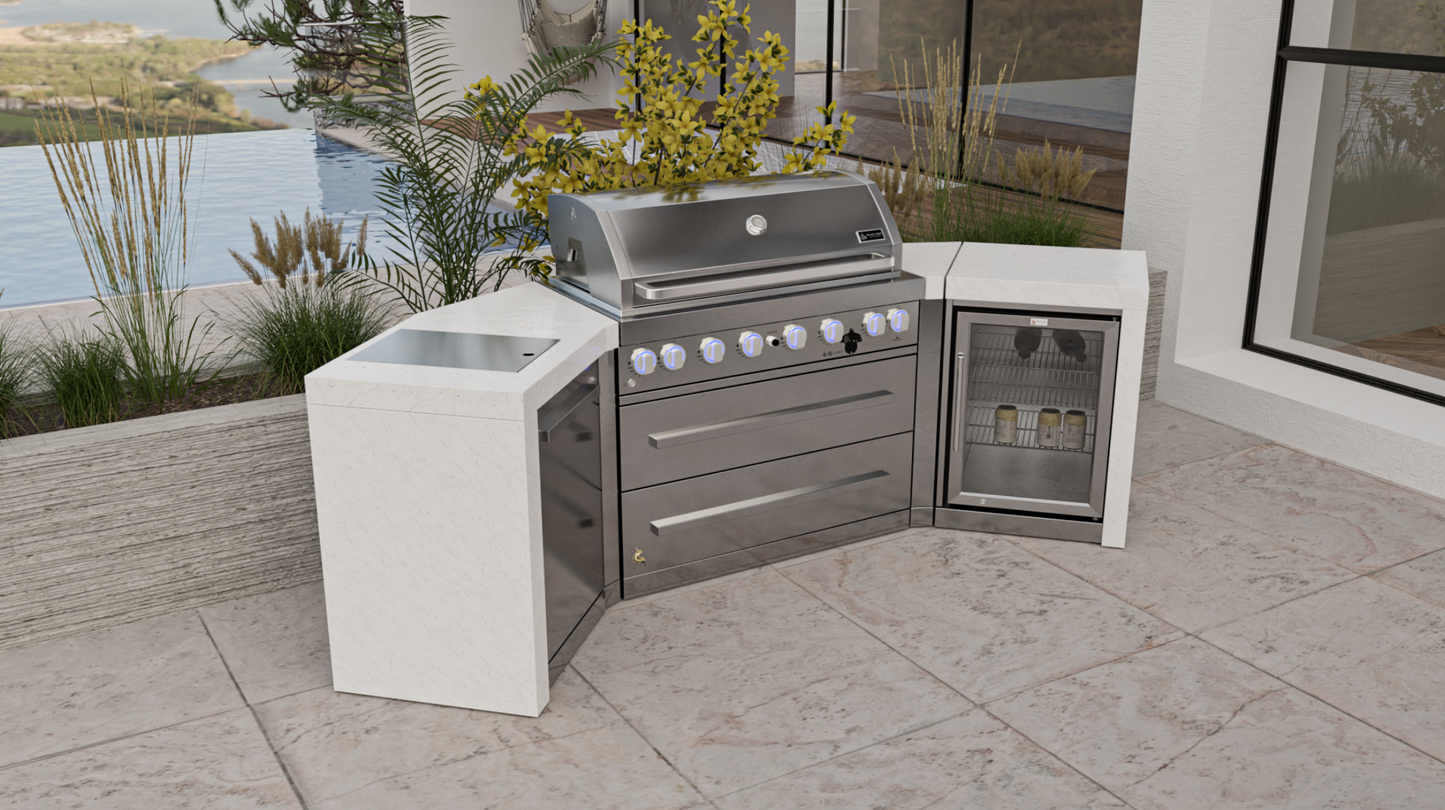 Mont Alpi 6-burner Deluxe Island with 45-Degree Corners and a Fridge Cabinet MAi805-D45FC 110''