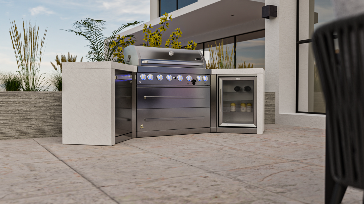 Mont Alpi 6-burner Deluxe Island with 45-Degree Corners and a Fridge Cabinet MAi805-D45FC 110''