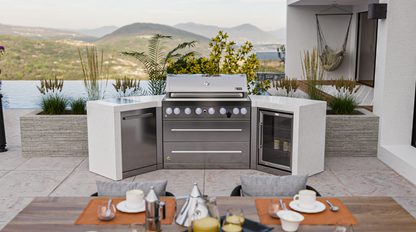 Mont Alpi 6-burner Deluxe Island with 45-Degree Corners and a Fridge Cabinet MAi805-D45FC 110''