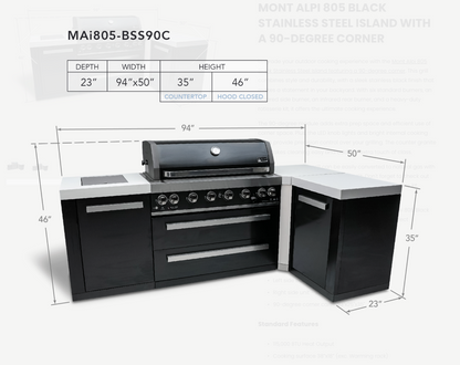 Mont Alpi 805 Black Stainless Steel Island featuring a 90-degree corner MAi805-BSS90C - 94''