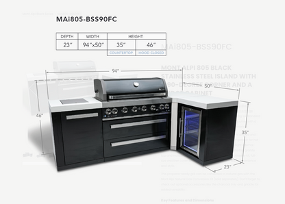 Mont Alpi 805 Black Stainless Steel Island with 90 Degree Corner and Fridge Cabinet - MAi805-BSS90FC - 94"