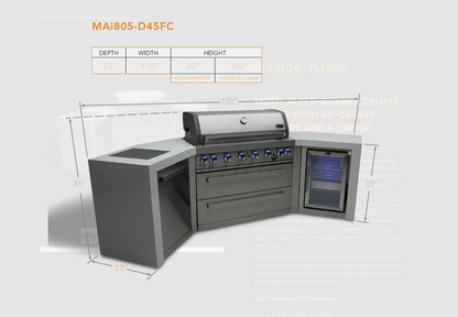 Mont Alpi 6-burner Deluxe Island with 45-Degree Corners and a Fridge Cabinet MAi805-D45FC 110''
