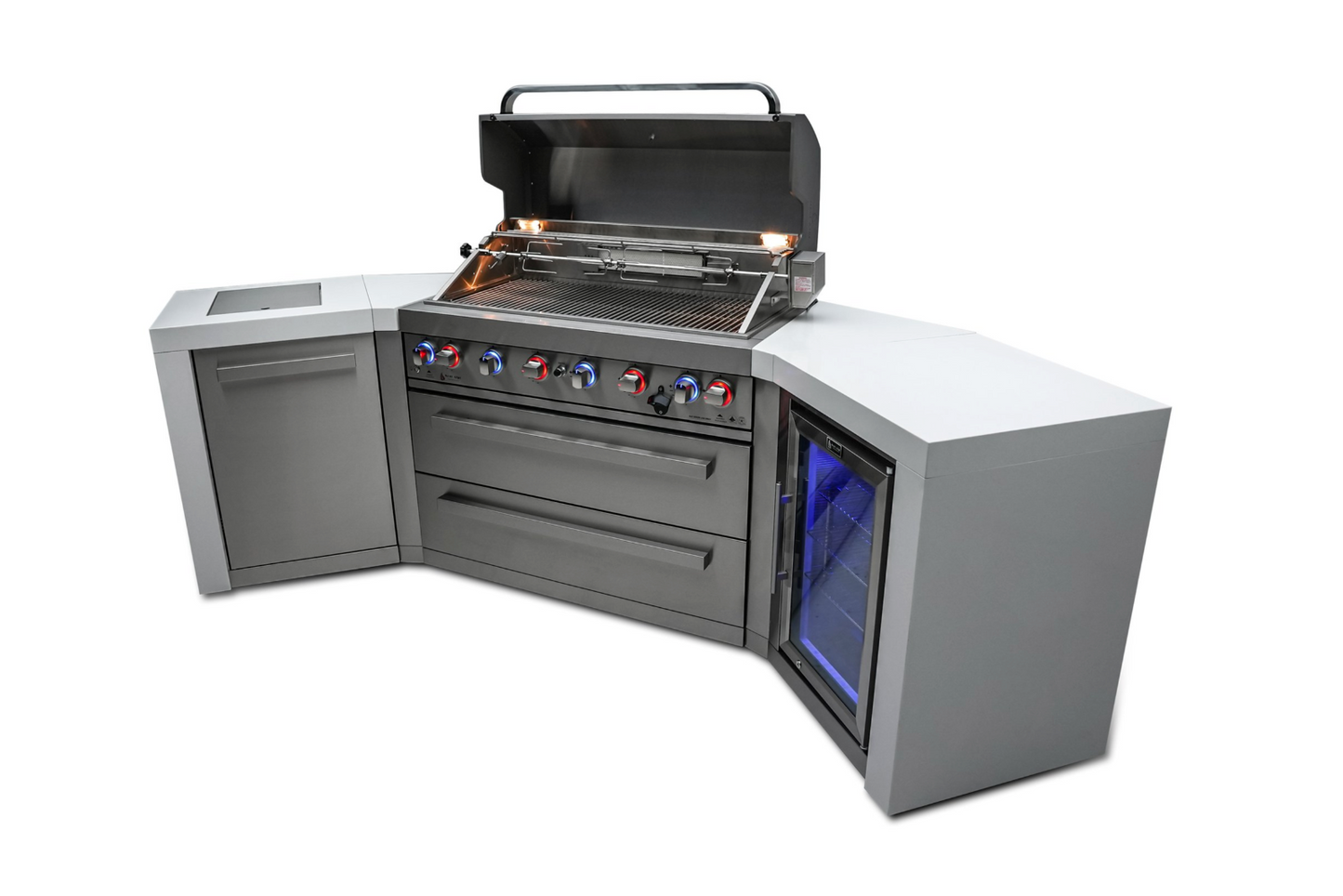 Mont Alpi 6-burner Deluxe Island with 45-Degree Corners and a Fridge Cabinet MAi805-D45FC 110''