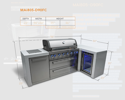 Mont Alpi 6-burner Deluxe Island with a 90-degree corner and a fridge cabinet MAi805-D90FC - 94''