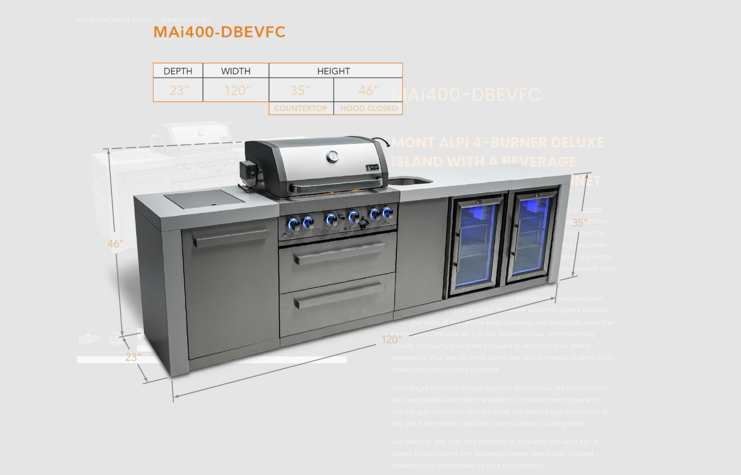 Mont Alpi 4-burner Deluxe Island with a Beverage Center And Fridge Cabinet MAi400-DBEVFC - 120''
