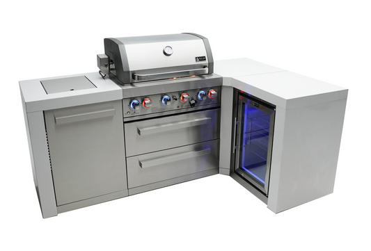 Mont Alpi 4-burner Deluxe Island with a 90-degree corner and a fridge cabinet MAi400-D90FC