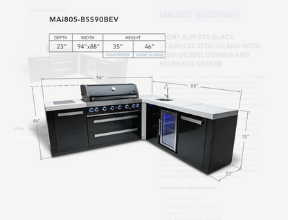 Mont Alpi 805 Black Stainless Steel Island with a 90-degree corner and beverage Center MAi805-BSS90BEV